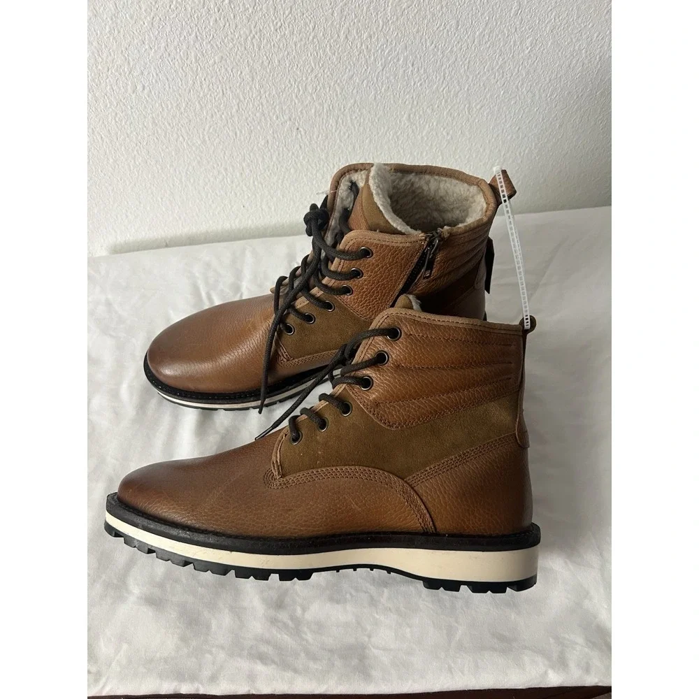Crevo Tan Leather Faux Fur Lined Lace-Up Boots Zipper Accents Men's 8.5
